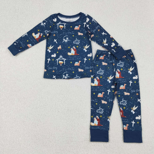 9.20 RTS Sibling Baby Boys Navy Nativity Christmas Pajamas Sets Zipper Footie Rompers
