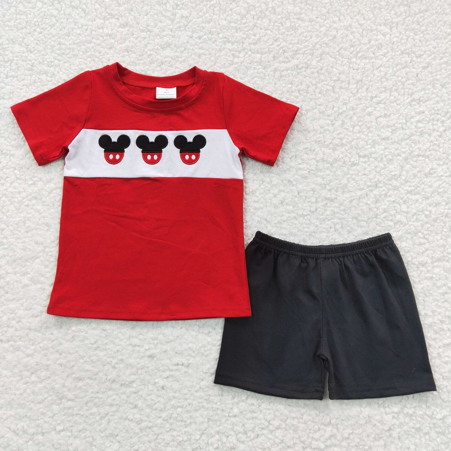 BSS00092 Boys Embroidered Red Short Sleeve Black Shorts Set