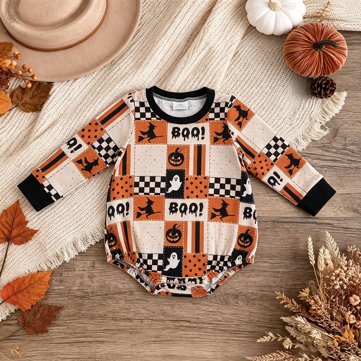 RTS NO MOQ （In stock）milk silk LR3239 Baby Boys Long Sleeve Ghost Pumpkins Print Halloween Romper