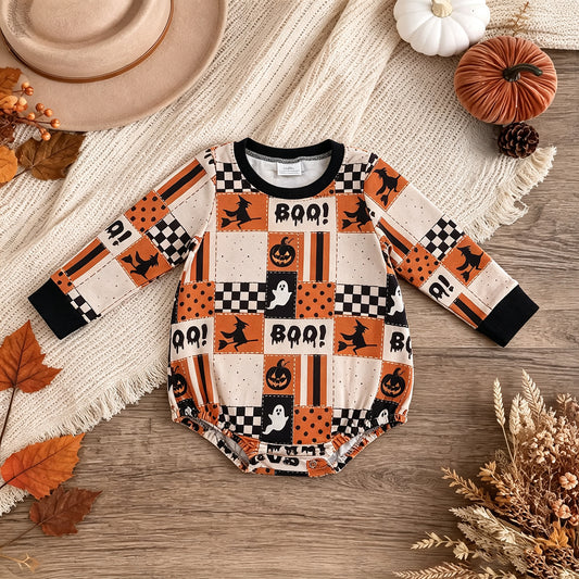 RTS NO MOQ （In stock）milk silk LR3239 Baby Boys Long Sleeve Ghost Pumpkins Print Halloween Romper