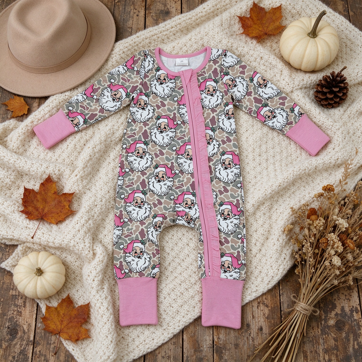 RTS NO MOQ （In stock）milk silk LR3305 Baby Girls Khaki Camo Santa Print Christmas Two Way Zip Ruffle Convertible Rompers