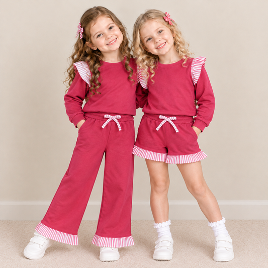 RTS NO MOQ SSibling milk silk Baby Girls Watermelon Red Stripe Ruffle Long Sleeve Top Pant Short Set
