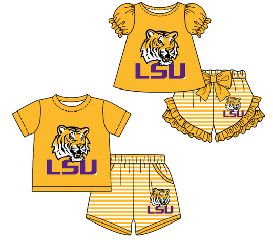 CUSTOM MOQ 5 Sibling Boys Baby Girls Yellow Tiger Top Stripe Shorts Clothes Sets