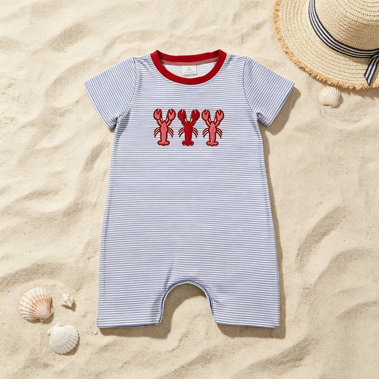 SR4007 RTS NO MOQ （In stock）Short sleeves stripe crawfish baby boy summer romper