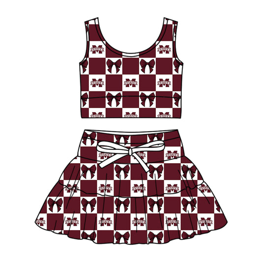 CUSTOM MOQ 5 Kids Clothing for Girls Baby Girls Dark Red Bow Plaid Top Skirts Yoga Active Team Clothes Sets