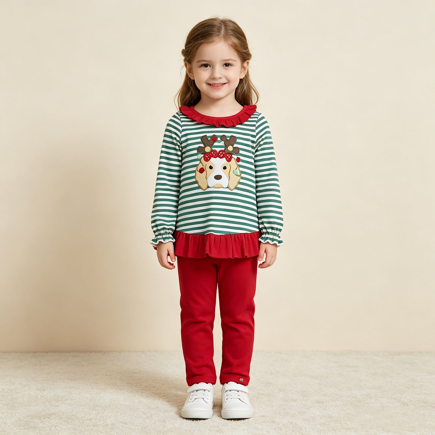 RTS NO MOQ （In stock）milk silk GLP3494 Embroidery Lights Dog Baby Girls Green Stripe Tunic Leggings Christmas Clothes Sets