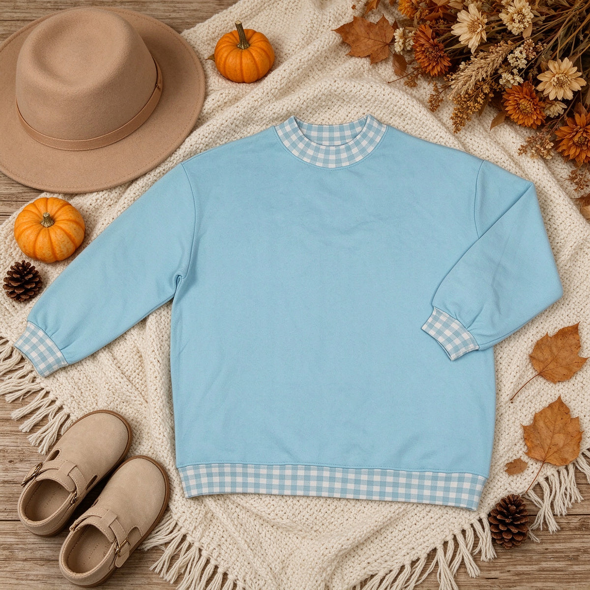 RTS NO MOQ （In stock）milk silk GT1795 Adult Women Light Blue Sweater Gingham Tee Shirts Tops Casual Daily Wear Top