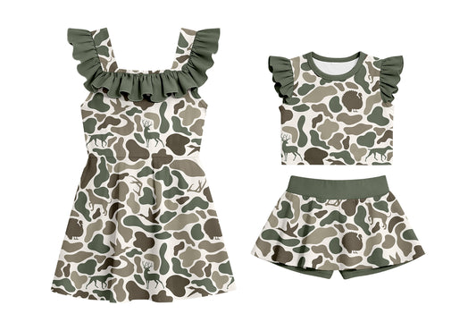 CUSTOM MOQ 5 Sibling Baby Girls Sleeveless Camo Deer Shorts Set Knee Length Dresses