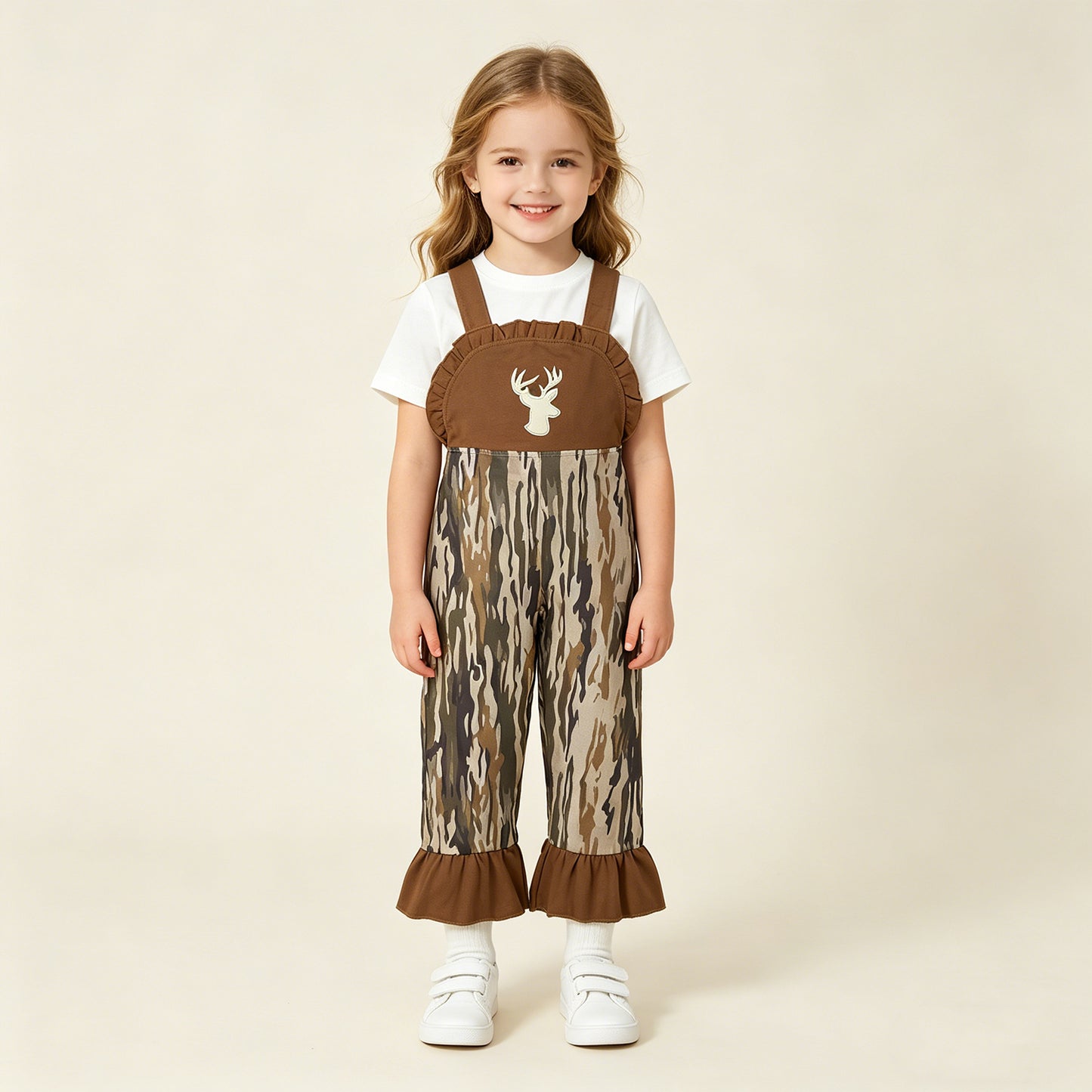 SR4047 RTS NO MOQ （In stock ）Deer embroidery brown ruffle camo kids girls jumpsuit  Reviews
