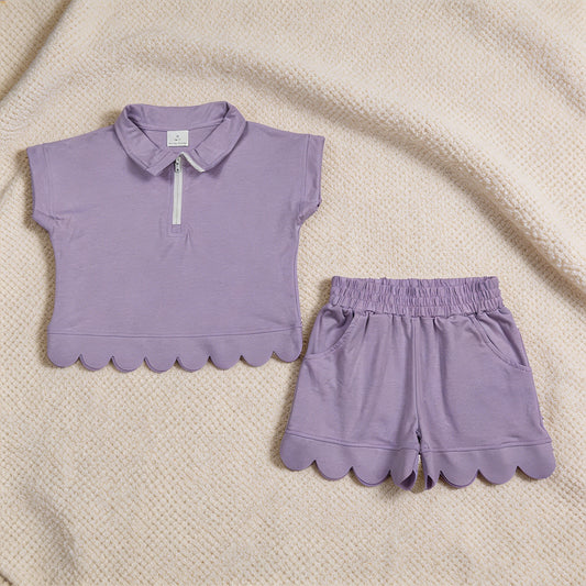 GSSO3377 RTS NO MOQ （In stock）Baby Girls Summer Fashion Short Sleeve Lavender Zipper Scallop Pullover Top Pockets Short Checked Set
