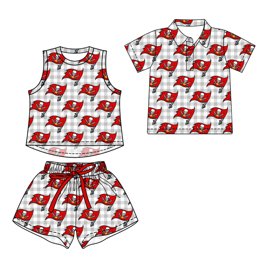 3.17 CUSTOM MOQ 5 Sibling Boys Baby Girls Summer Fashion Gray Check Red Flag Sleeveless Top Shorts Button Polo Shirts Team Clothes Sets