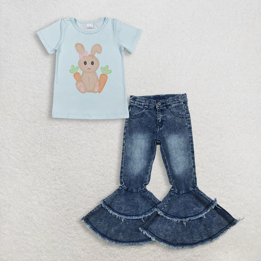 3.6 RTS NO MOQ （In stock）GT1395 + C5-15 Baby Girls Short Sleeve Rabbits Carrots Easter T-shirts Top Denim Pants Jeans Clothes Sets