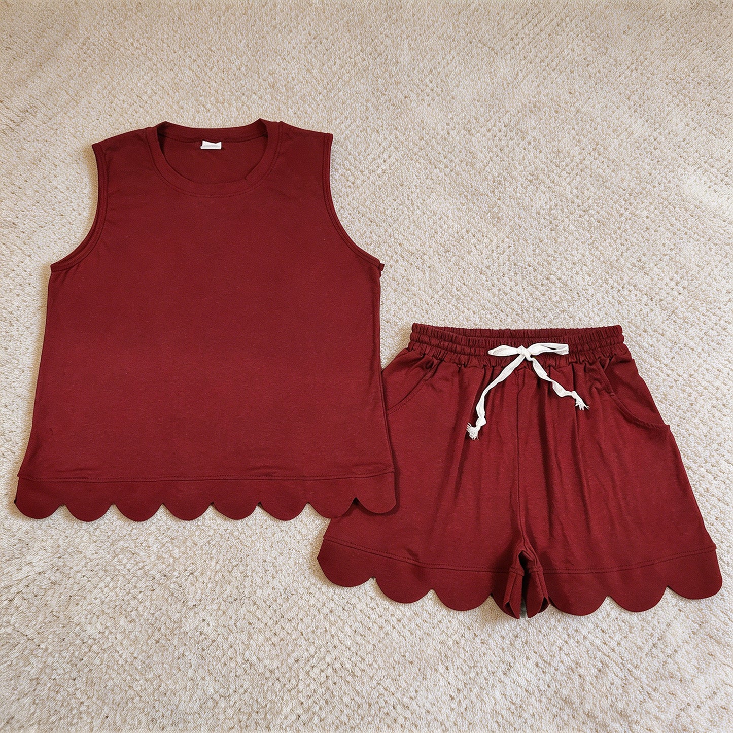 GSSO3735 RTS NO MOQ （In stock）Maroon sleeveless cotton scallop top shorts women set