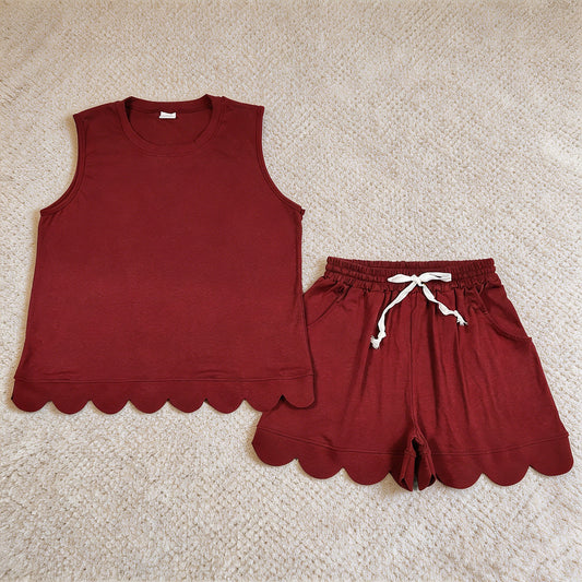 GSSO3735 RTS NO MOQ （In stock）Maroon sleeveless cotton scallop top shorts women set