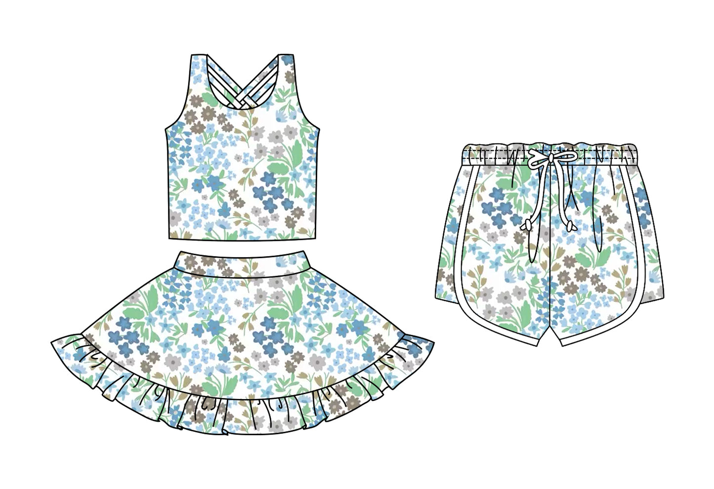 CUSTOM MOQ 5 Sibling Baby Girls Sleeveless Green Flowers Skirt Bottom Shorts Yoga Active Clothes Sets