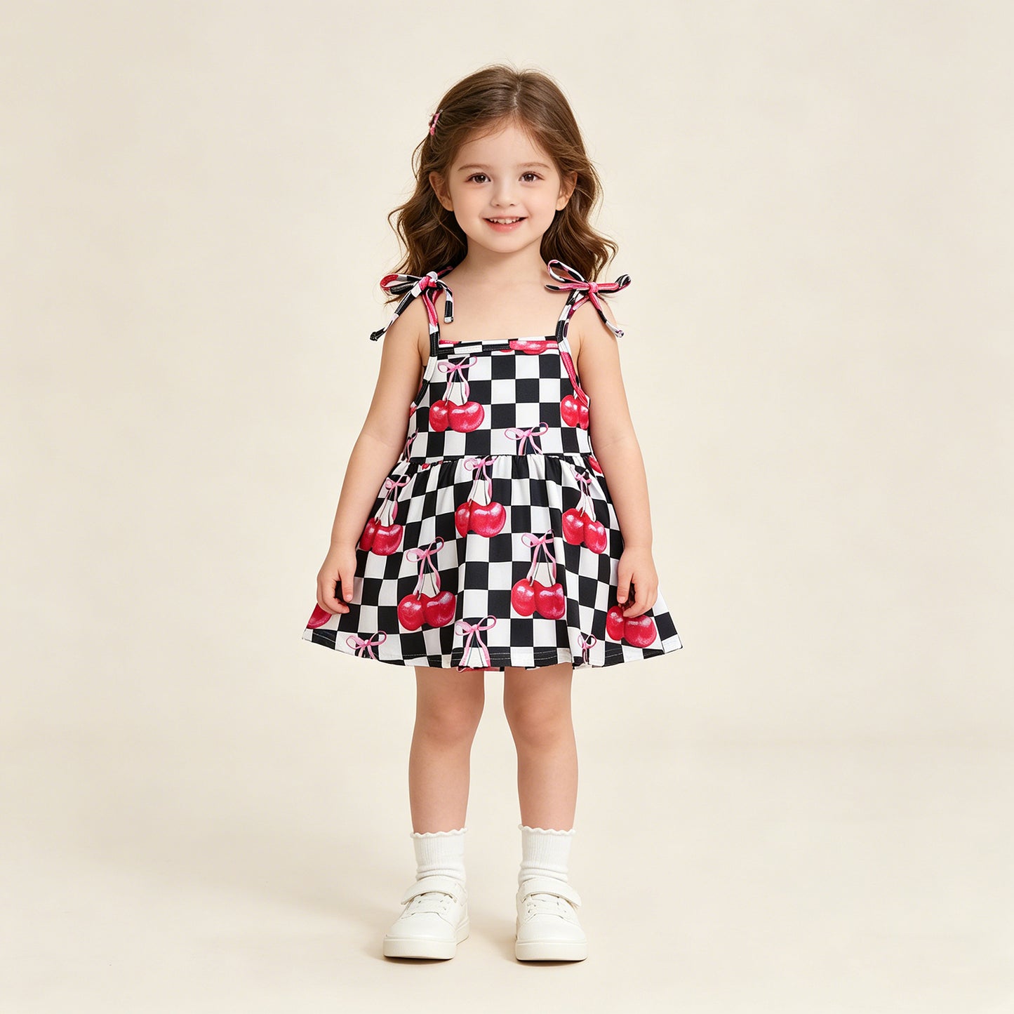 SR3854 RTS NO MOQ （In stock）Straps black plaid cherry bow baby girls summer romper