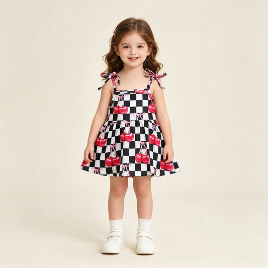 SR3854 RTS NO MOQ （In stock）Straps black plaid cherry bow baby girls summer romper