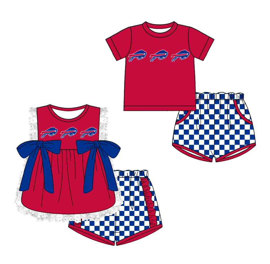 CUSTOM MOQ 5 Cute Kids Clothing Sibling Boys Baby Girls Summer Red Bow Top Blue Checked Shorts Team Clothes Sets