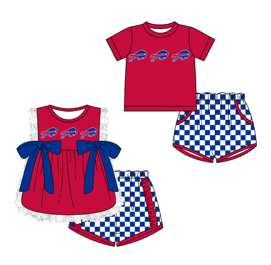 CUSTOM MOQ 5 Cute Kids Clothing Sibling Boys Baby Girls Summer Red Bow Top Blue Checked Shorts Team Clothes Sets