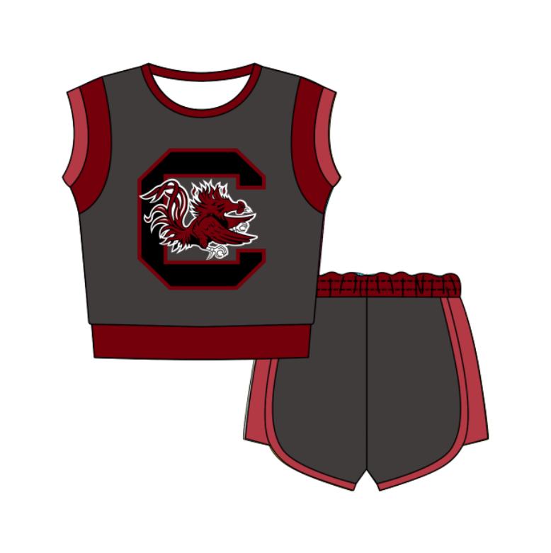 CUSTOM MOQ 5 Cute Comfortable Clothing For Kids Baby Kids Summer Dark Gray Sleeveless Patchwork Top Shorts Clothes Sets