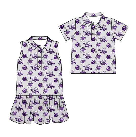 3.13 CUSTOM MOQ 5 Sibling Boys Baby Girls Summer Fashion Short Sleeve Gray Purple Button Polo Shirts Sleeveless Dress Team Clothes Sets