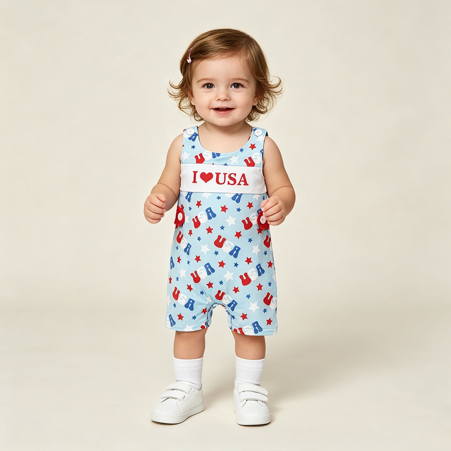 SR4155 RTS NO MOQ （In stock）Sleeveless I love USA stars baby boy 4th of july romper