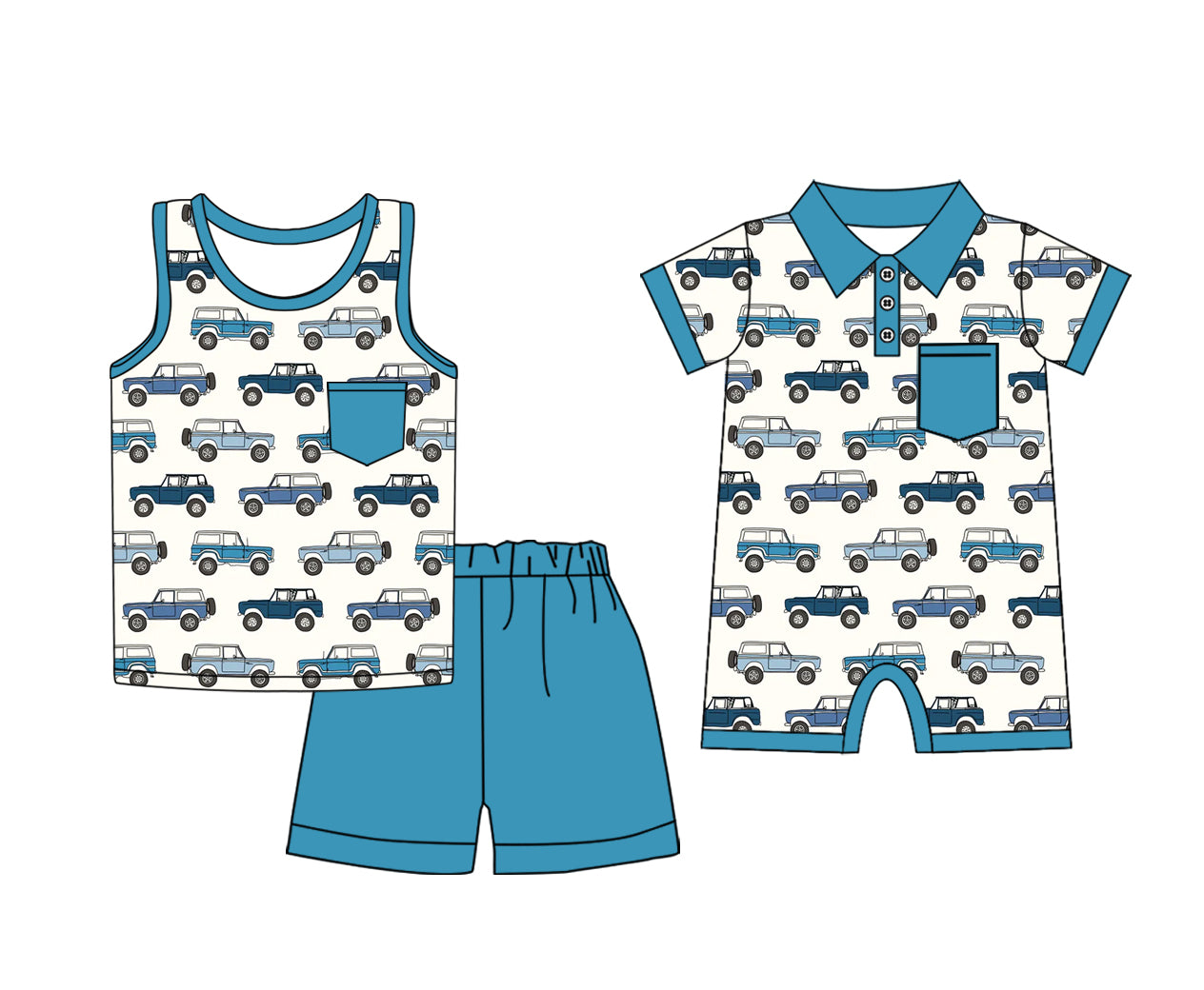 CUSTOM MOQ 5 Sibling Baby Boys Blue Sleeveless Top Shorts Clothes Set Rompers