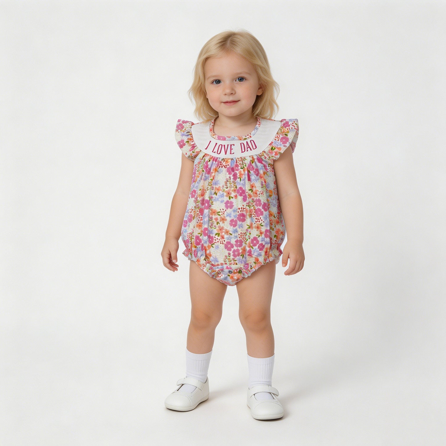 SR4142  RTS NO MOQ （In stock）I love dad smocked pink floral baby girls summer romper