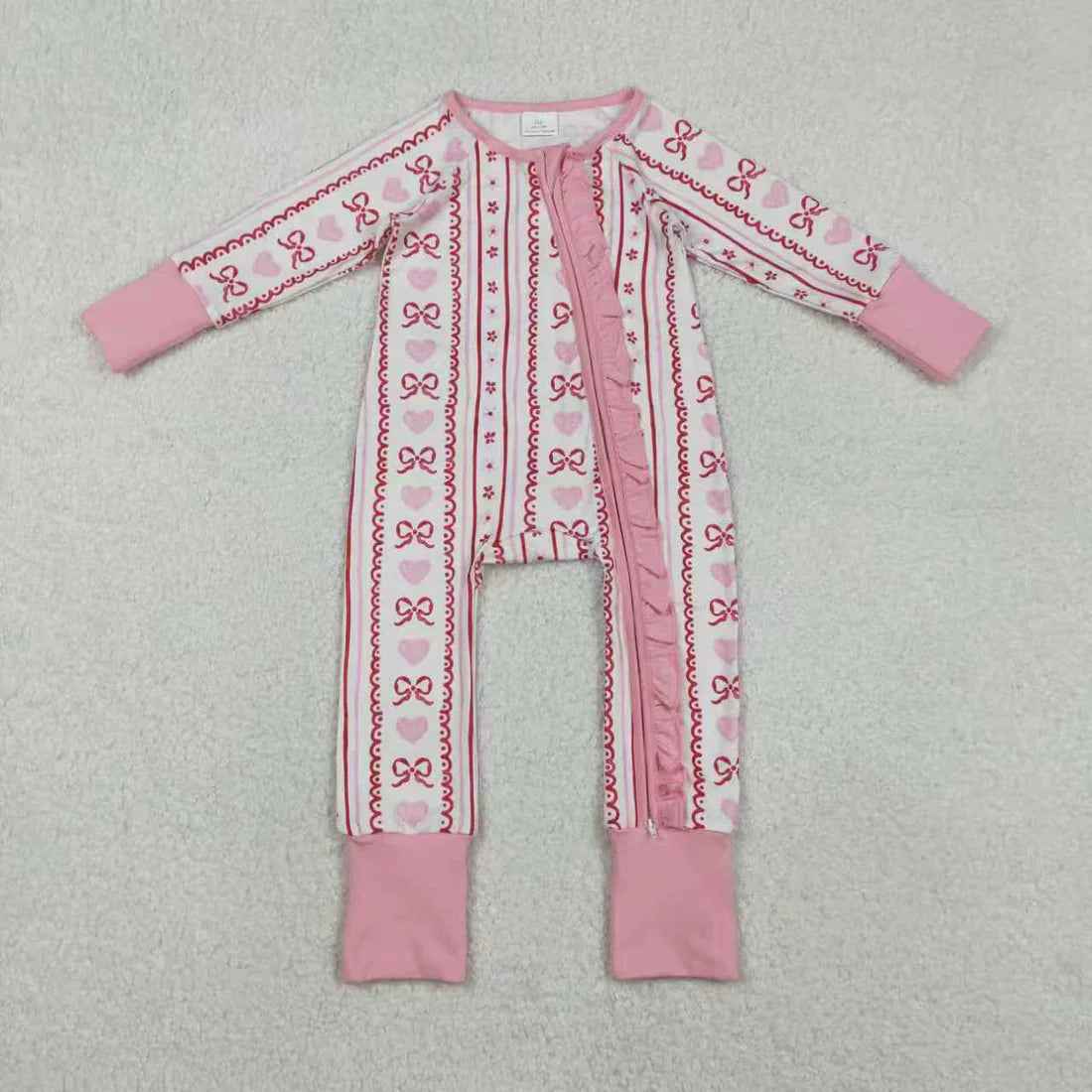 11.18 RTS Sibling Baby Girls Pink Hearts Bows Stripes Valentines Pajamas Sets Ruffle Zipper Rompers