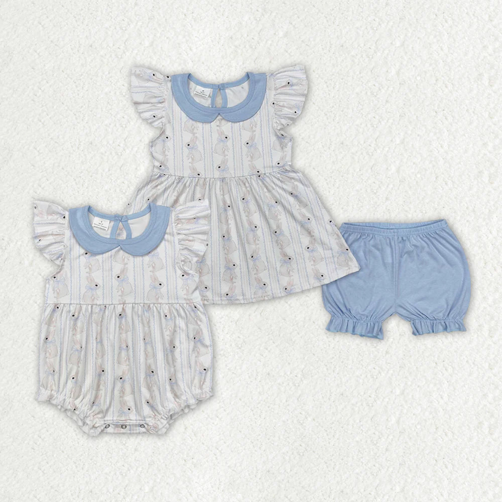 12.15 RTS Sibling Baby Girls Easter Blue Rabbits Rompers Clothes Sets