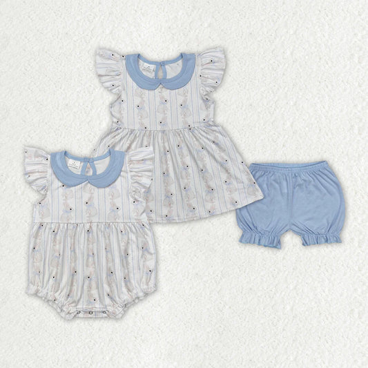 12.15 RTS Sibling Baby Girls Easter Blue Rabbits Rompers Clothes Sets