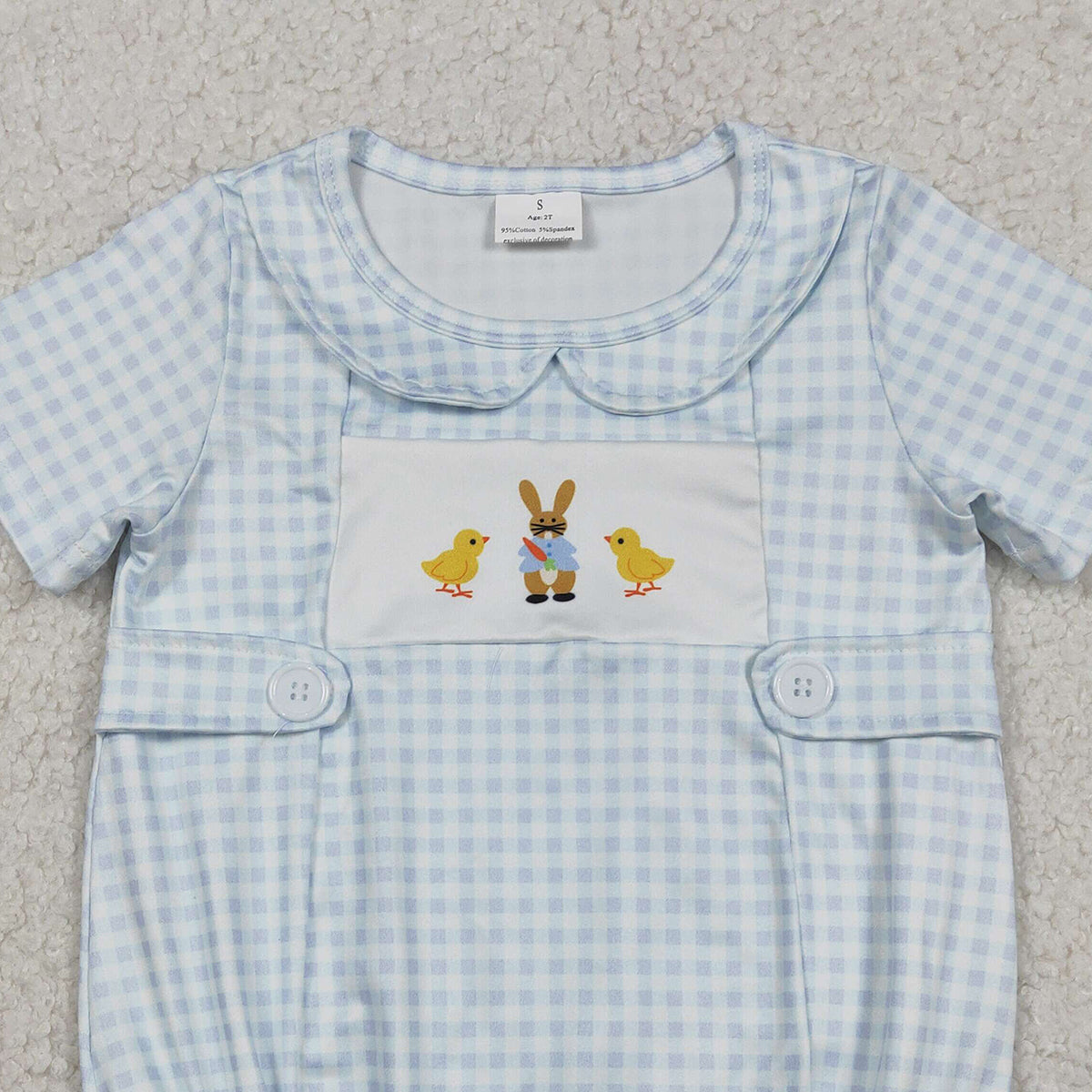 12.29 RTS NO MOQ （In stock）SR3566 Baby Boys Rompers Baby Girls Blue Checked Rabbits Chicks Easter Collar Rompers
