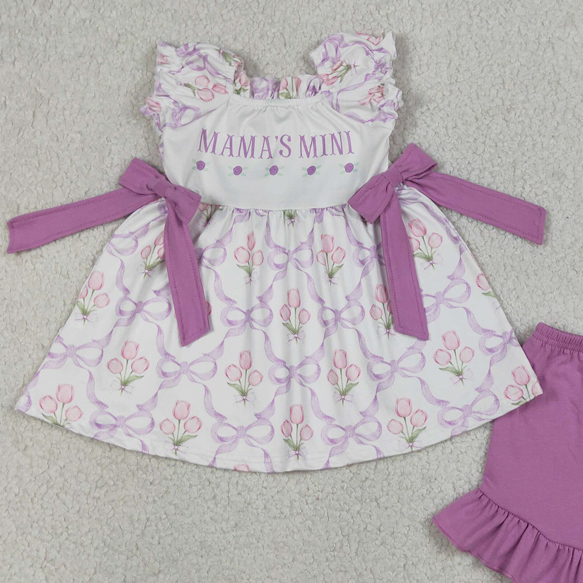 4.13 GSSO2489 RTS NO MOQ （In stock ）Short sleeves mama's mini floral bow tunic shorts girls outfits