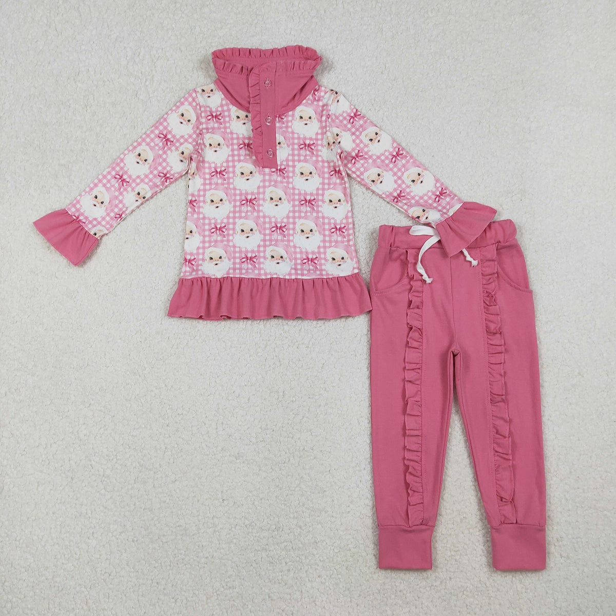10.16 RTS NO MOQ （In stock）GLP2881 Baby Girls Pink Checked Santa Button Top Pockets Pants Christmas Clothes Sets