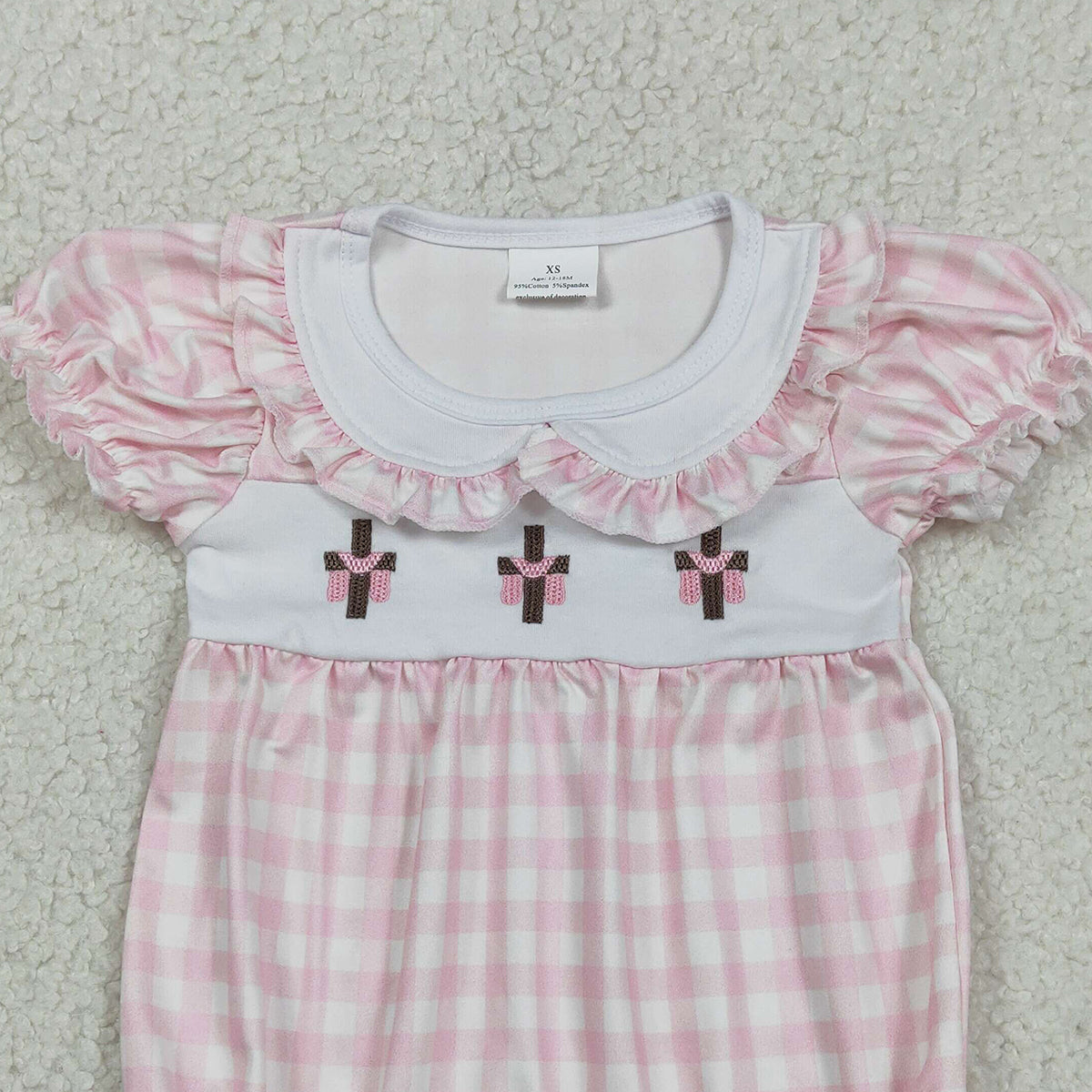 2.3 RTS NO MOQ （In stock）SR3756 Embroidery Crosses Baby Girls Pink Checked Easter Collar Ruffle Rompers
