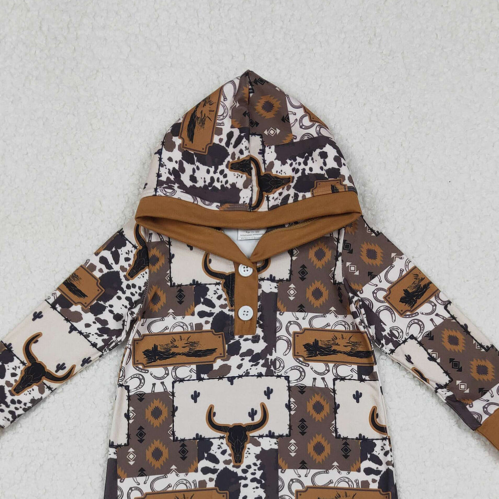 10.10 RTS NO MOQ （In stock）LR2592 Baby Boys Winter Rompers Baby Boys Brown Aztec Bull Skulls Western Hoodie Footie Rompers