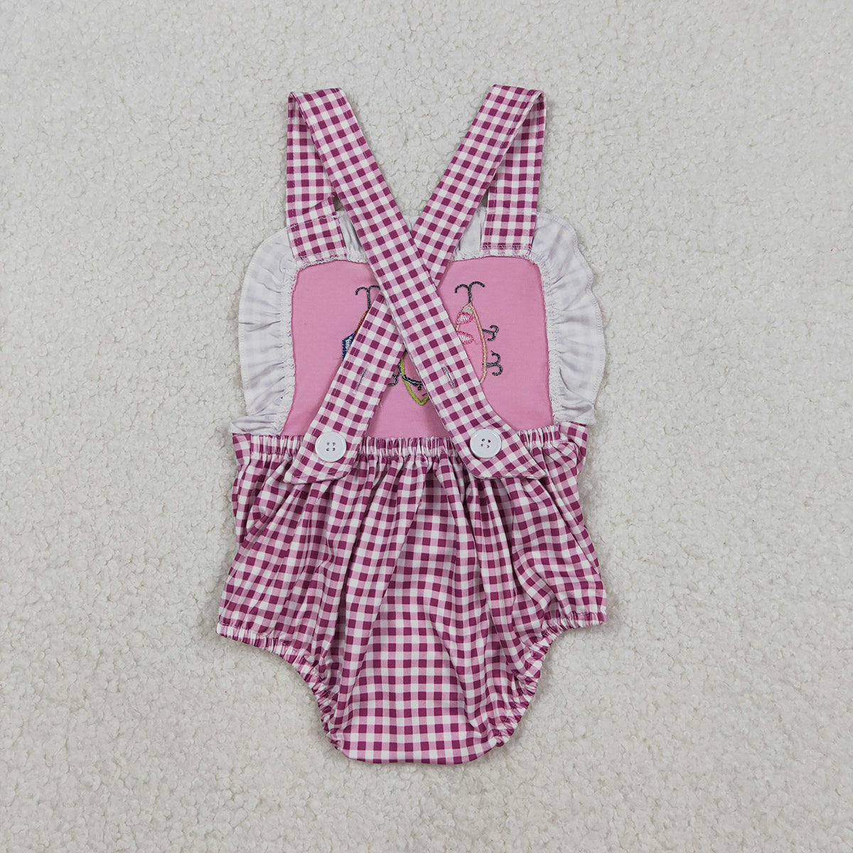 12.9 RTS NO MOQ （In stock）SR3414 Baby Girls Summer Rompers Embroidery Fishing Baby Girls Pink Checked Strap Checked Hunting Ruffle Rompers