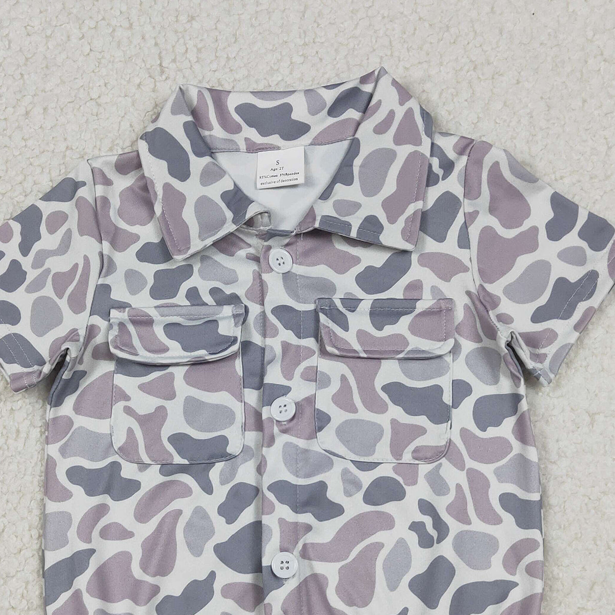12.23 RTS NO MOQ （In stock）SR3654 Baby Boys Southern Light Grey Camo Button Pockets Rompers