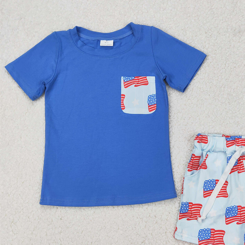 4.26 BSSO1258 RTS NO MOQ Baby Boys Summer Boys Outfits Blue short sleeves top flag stars shorts boys 4th of july outfits