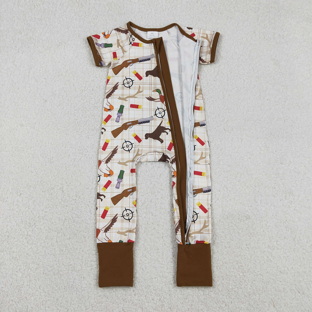12.17 RTS NO MOQ （In stock）SR3497 Baby Boys Khaki Checked Dogs Ducks Hunting Two Way Zip Convertible Rompers