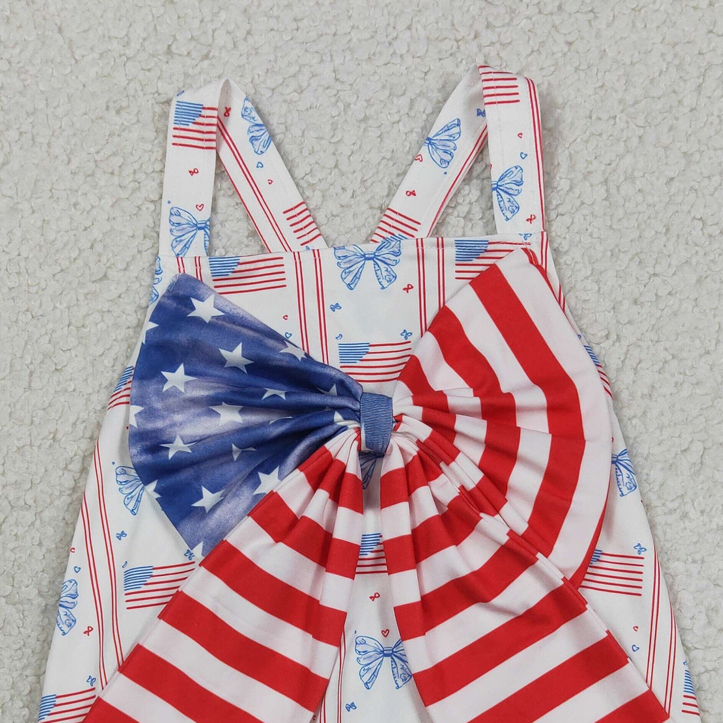 SR3862 RTS NO MOQ （In stock）Straps flag bow baby girls 4th of july romper