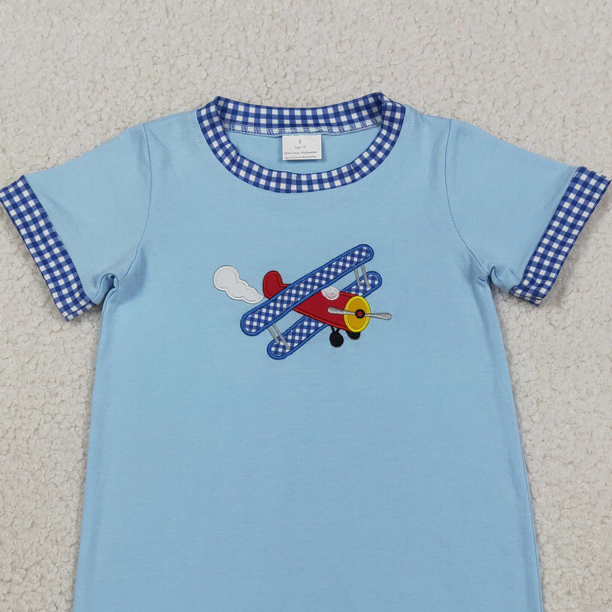 3.30 RTS NO MOQ （In stock）SR3543 Short sleeves air plane embroidery baby boy romper