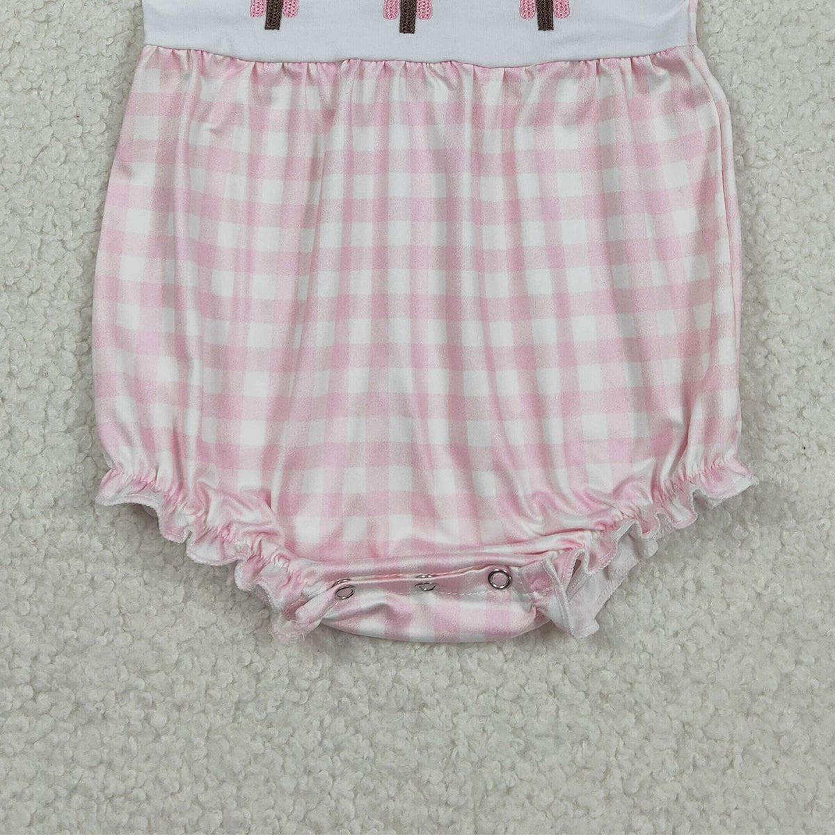 2.3 RTS NO MOQ （In stock）SR3756 Embroidery Crosses Baby Girls Pink Checked Easter Collar Ruffle Rompers