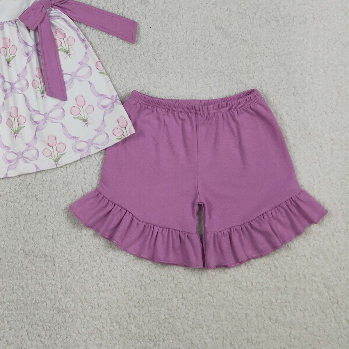 4.13 GSSO2489 RTS NO MOQ （In stock ）Short sleeves mama's mini floral bow tunic shorts girls outfits