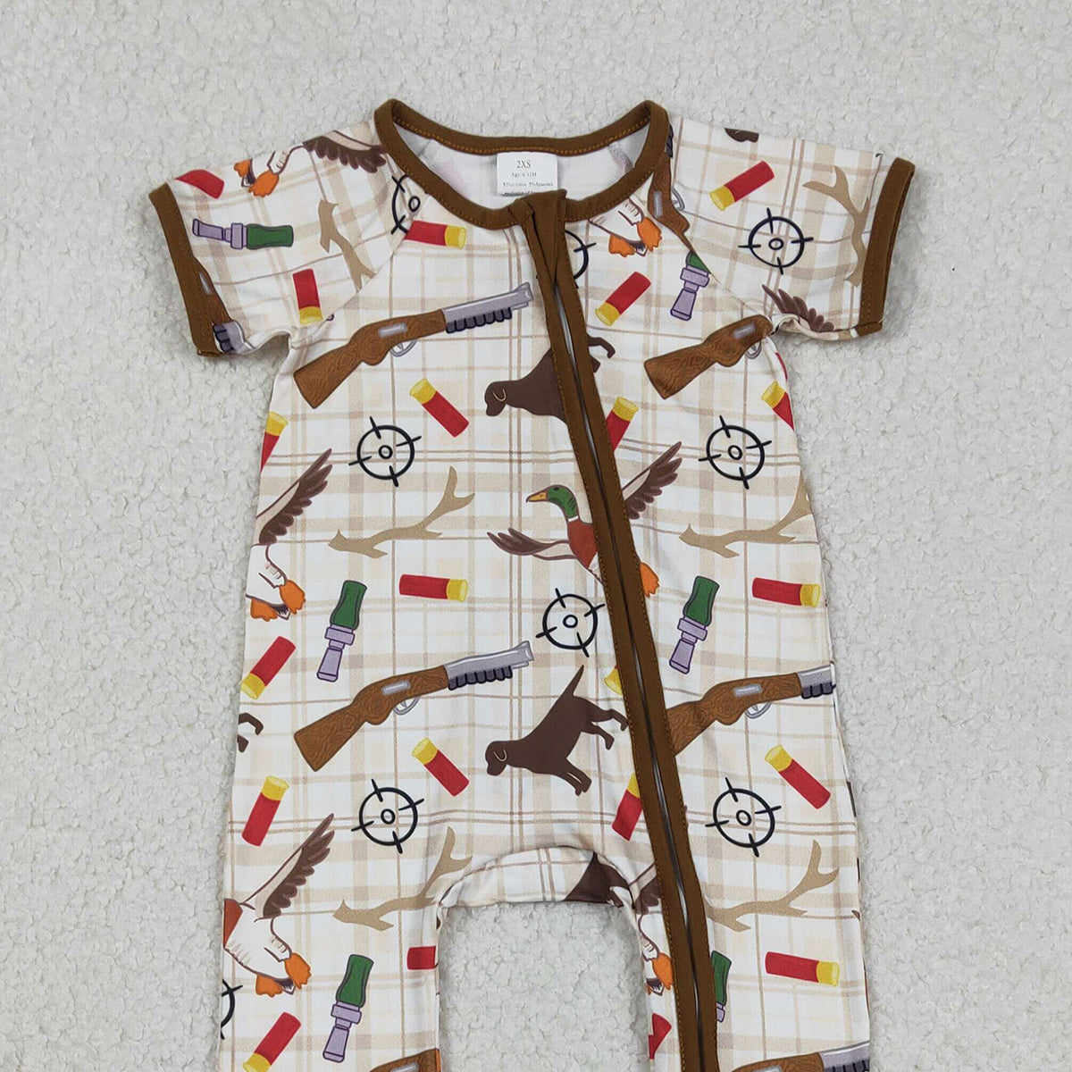 12.17 RTS NO MOQ （In stock）SR3497 Baby Boys Khaki Checked Dogs Ducks Hunting Two Way Zip Convertible Rompers