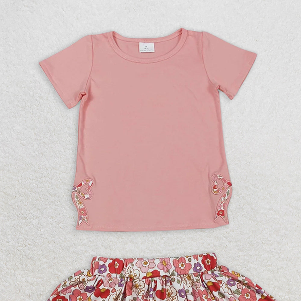 GSD1721RTS NO MOQ Baby Girls Skirt Sets Peach short sleeves bow top floral skirt kids girls clothes