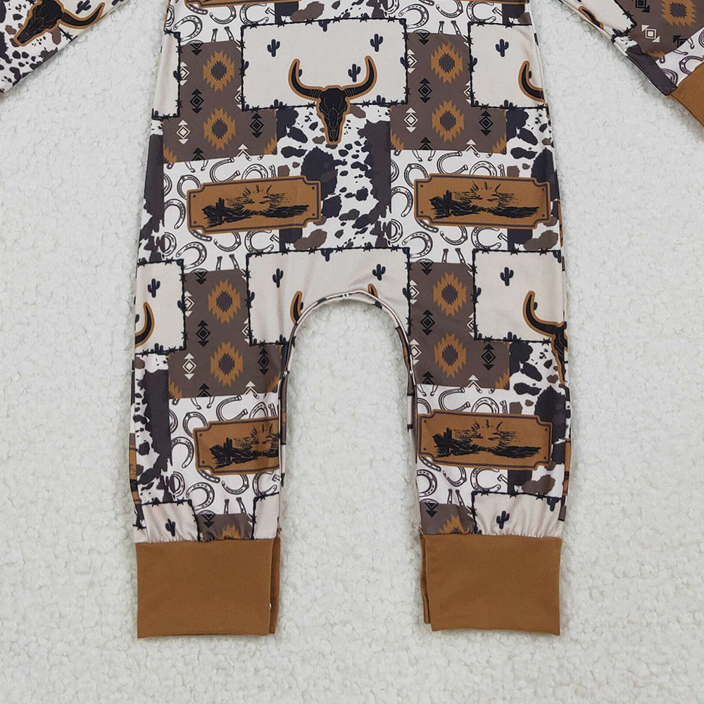 10.10 RTS NO MOQ （In stock）LR2592 Baby Boys Winter Rompers Baby Boys Brown Aztec Bull Skulls Western Hoodie Footie Rompers