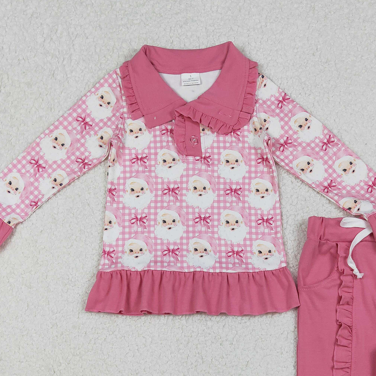 10.16 RTS NO MOQ （In stock）GLP2881 Baby Girls Pink Checked Santa Button Top Pockets Pants Christmas Clothes Sets