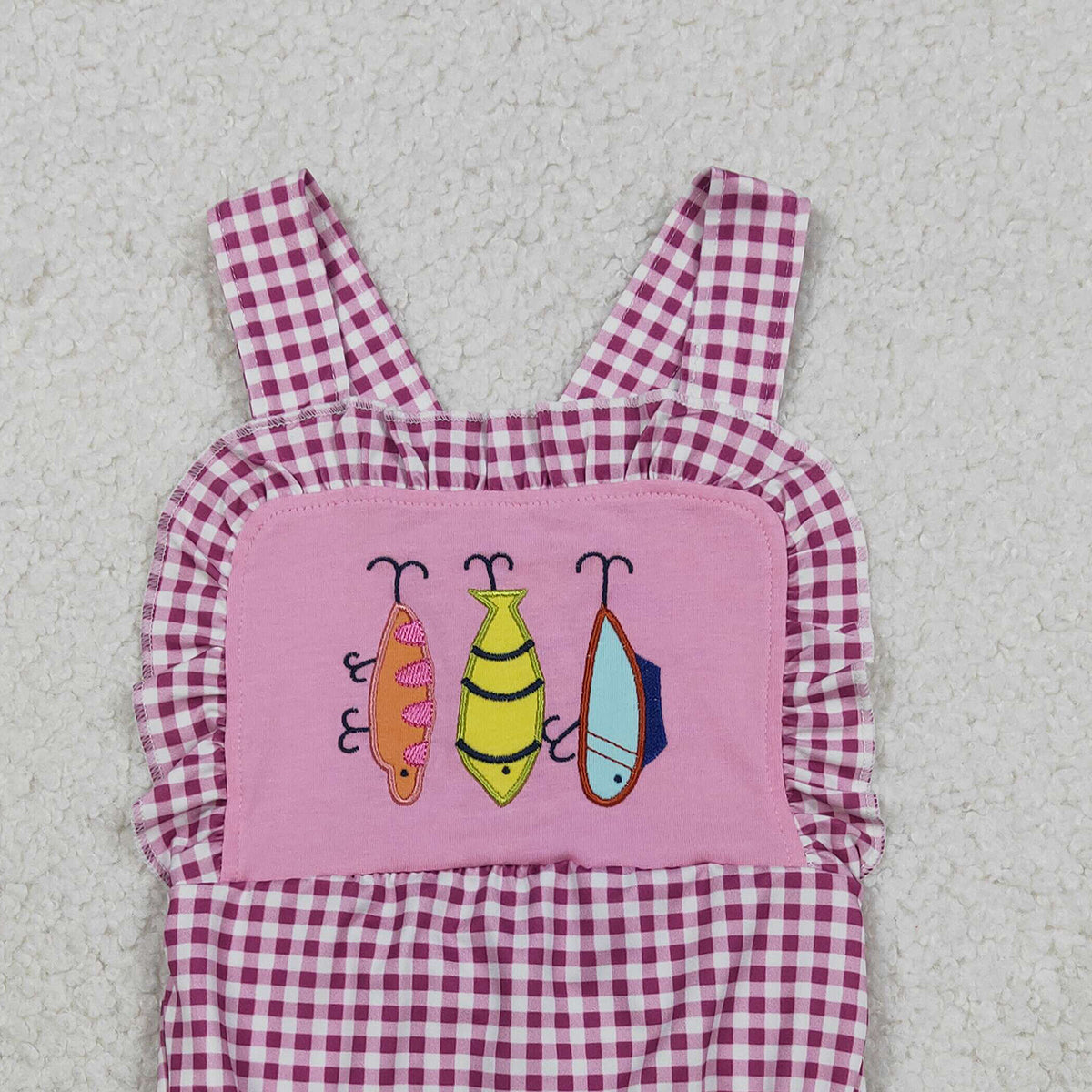 12.9 RTS NO MOQ （In stock）SR3414 Baby Girls Summer Rompers Embroidery Fishing Baby Girls Pink Checked Strap Checked Hunting Ruffle Rompers