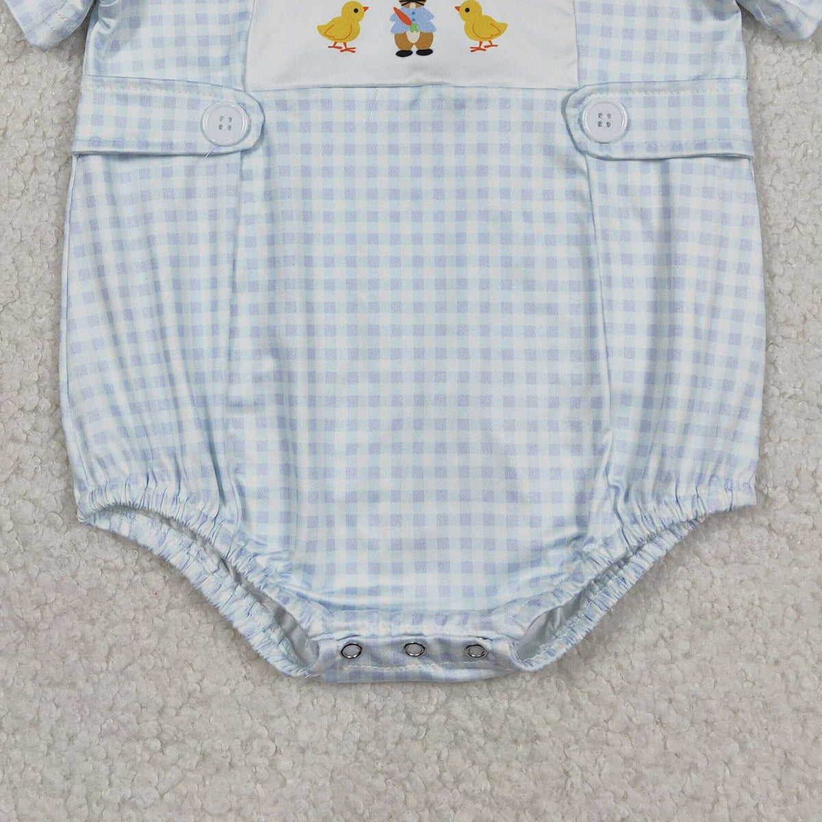 12.29 RTS NO MOQ （In stock）SR3566 Baby Boys Rompers Baby Girls Blue Checked Rabbits Chicks Easter Collar Rompers